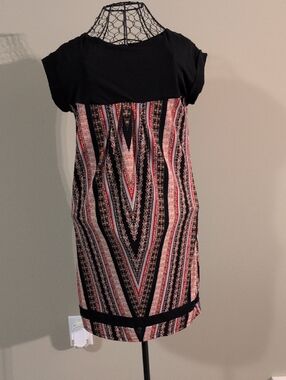 Black & Multi-Stripe Mini Dress with V-Pattern. Stretchy